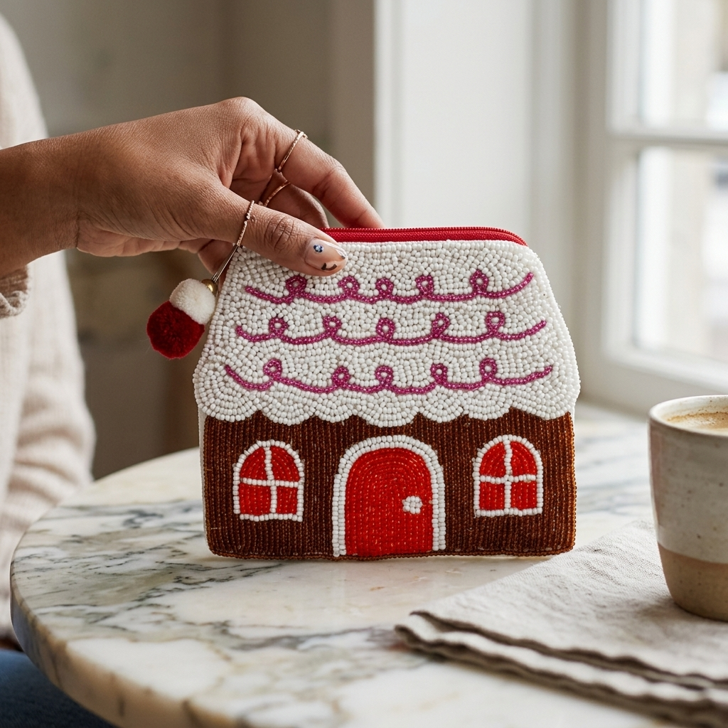 Fashion Culture Gingerbread House Beaded Coin Pouch Holiday Zip
